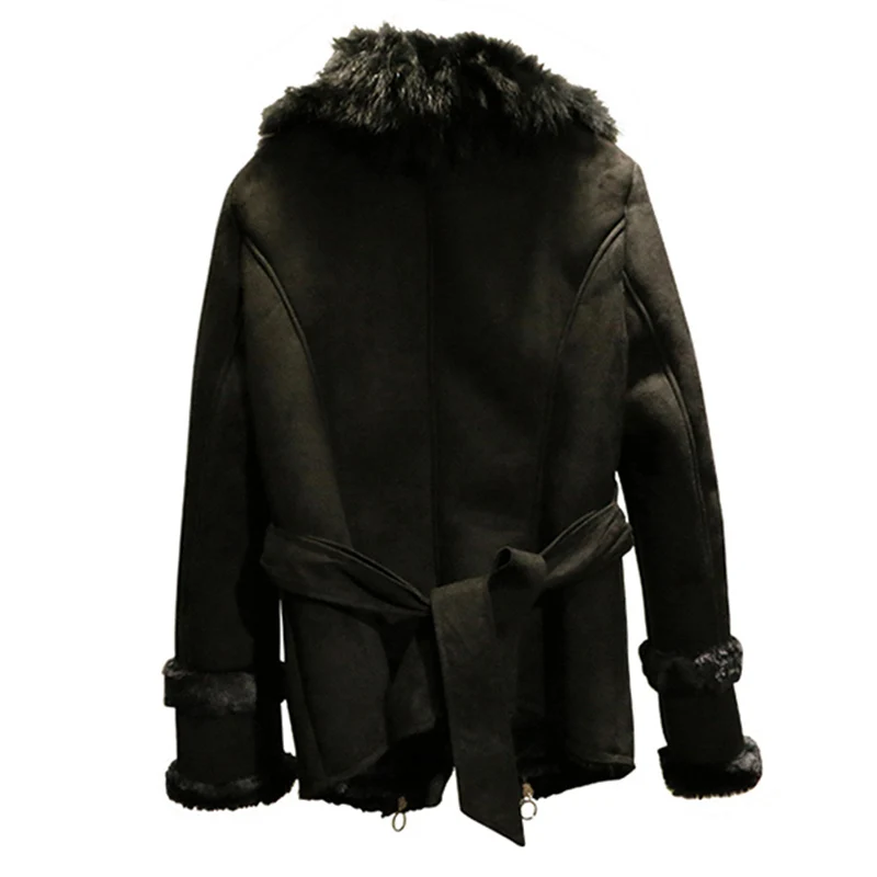 High quality 2018 New Autumn Winter Suede Leather Jacket Women Long sleeve Jacket Thick Real fox fur collar Warm Coat LF857