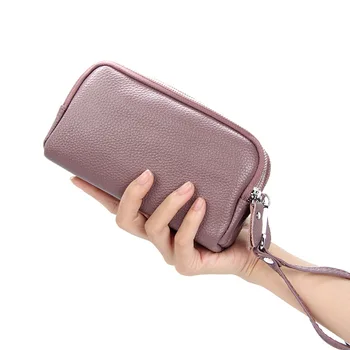

2018 Fashion Solid Women Real Genuine Leather 3 Zipper Coin Purse High Quality Large Capacity Wallet Clutch Wristlet Phone Bag