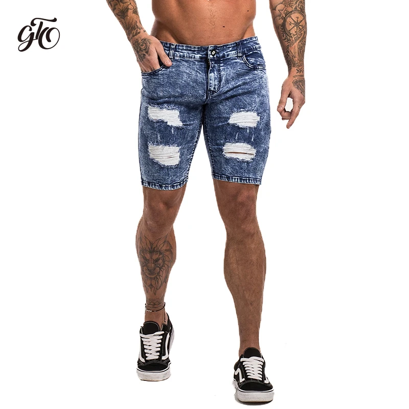 GINGTTO Ripped Denim Jean Shorts Men Skinny Shorts Stretch Jeans Slim Fit Blue 32 GINGTTO Ripped Denim Jean Shorts Men Skinny Shorts Stretch Jeans Slim Fit Blue 32