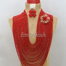Большой Африканский Свадебный бусы колье Набор 2" дюймов нигерийской свадьбы красный африканская бижутерия наборы AMJ748