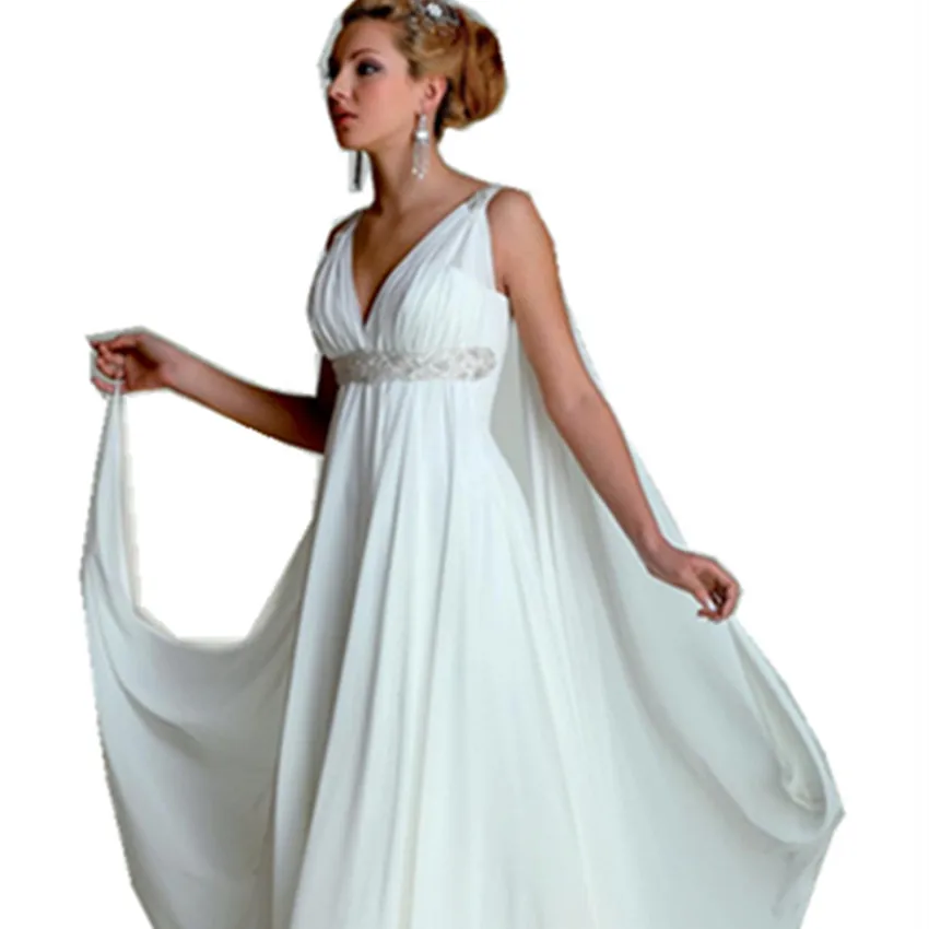 Greek Goddess Wedding Dresses V Neck Empire A Line Full Length Beading