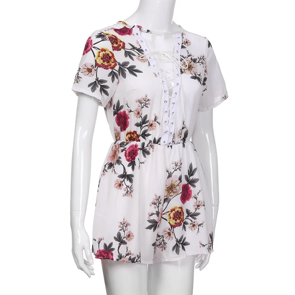  Women Lace Up Printing Loose Short Sleeve Round Neck Casual Beach Rompers Jumpsuit Playsuit F#J07 (8)