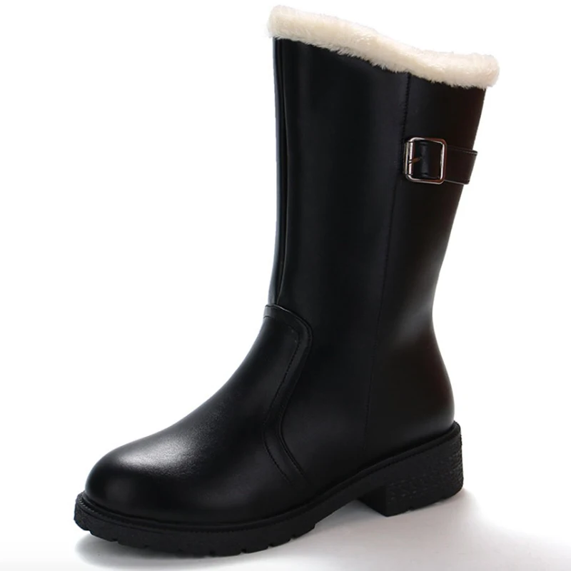 

Women Boots 2018 Fashion PU Leather Women Winter Boots Breathable Warm Plush Women Mid-Calf Boots Low Heel Black Snow Boots