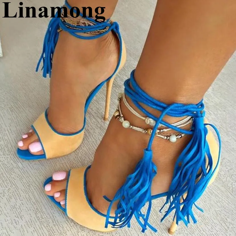 2019 Hottest Fringe Cross-tied Summer Open Toe And Thin High Heel Two Color Shoes Fashion Sexy Flock Women Sandals | Обувь