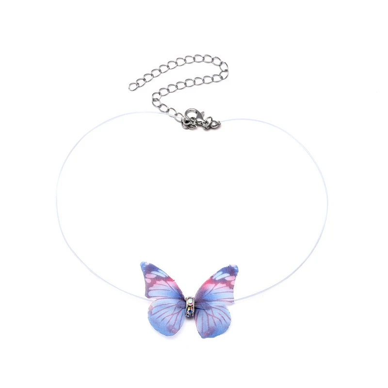 

Pop New Creative Fashion Women Crystal Colorful 3D Yarn Butterfly Chokers Invisible Chain Fishline Silk Choker Necklace Jewelry