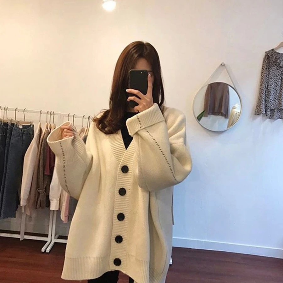 DICLOUD Fashion Autumn Loose Knit Cardigan Sweater Woman 2018 Korea V-Neck Casual Sweater Female Plus Size Vintage Coat Sweaters
