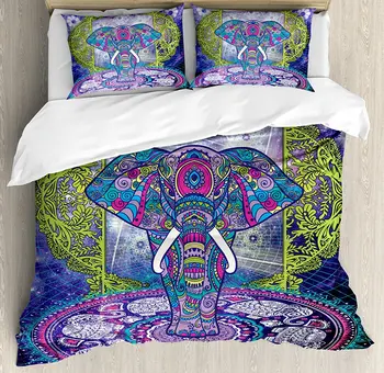

Ethnic Duvet Cover Set Sacred Figure Elephant Standing in Mandala over Outer Space Cosmos Hippie Design 4 Piece Bedding Set