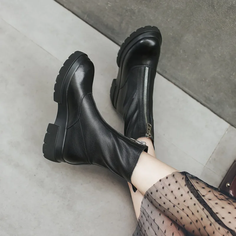 EGONERY/Женская обувь; новые зимние ботильоны из натуральной кожи с круглым носком; обувь на платформе и высоком каблуке; большие размеры; Прямая