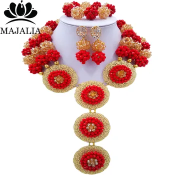 

Majalia Fashion Nigeria Wedding African Beads Jewelry Set Opaque red and gold ab Crystal Necklace Bridal Jewelry Sets 3SP019