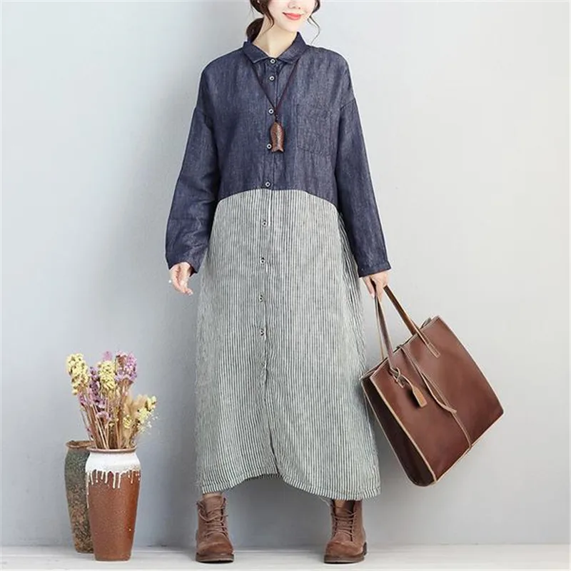 BUYKUD Casual Loose Striped Women Dresses Polo Collar Single Breasted Long Sleeve Pockets Blouse Dress Elegant Office Lady Dress Dresses