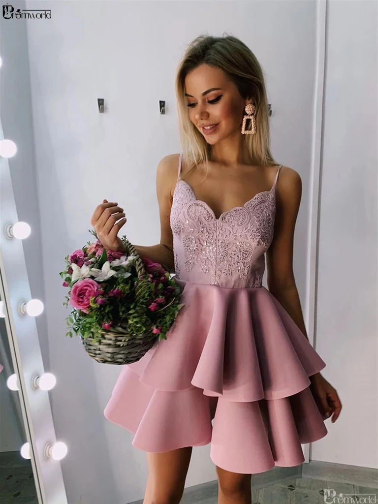 

Promworld Spaghetti Straps A Line V Neck Lace Robe Cocktail Graduation Homecoming Dresses 2019 Blush Pink Short Prom Dress