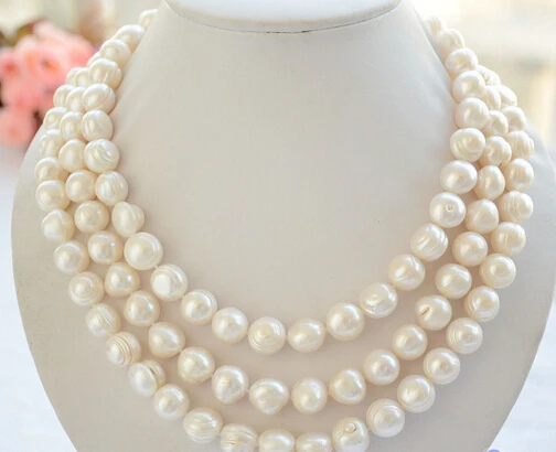 

Miss charm Jew1041 3row 19" 11-12mm almost round white screw thread freshwater pearl necklace