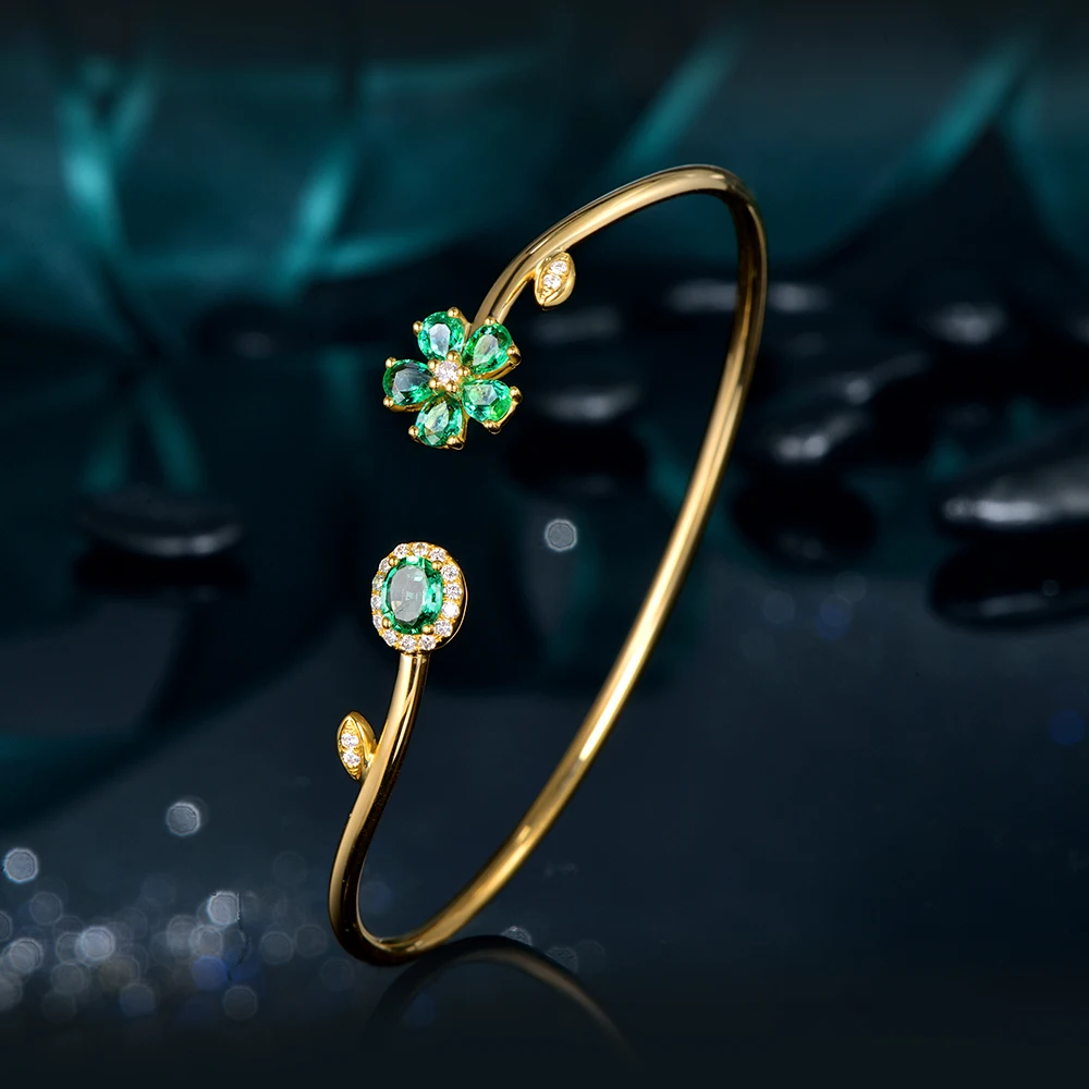 Caimao Jewelry 0.94ctw Natural Emerald Pave Diamond 18K Yellow Gold Gemstone Bracelet