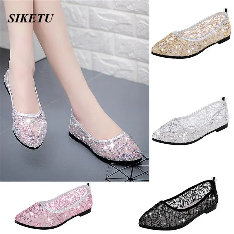 

Woman's Fashion Casual Round Toe Crystal Shallow Work Shoes Ladies Flat Shoes Outdoor Mesh Slip on Women Shoes Bling modis L*5