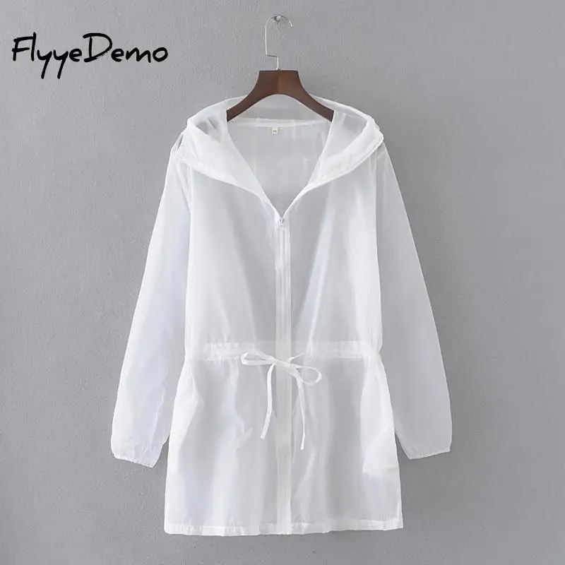Summer Thin White Hooded Sunproof Cardigan Beach Blouse Sunscreen See Through Basic Jacket Coat Women Girl Bigger Oversize