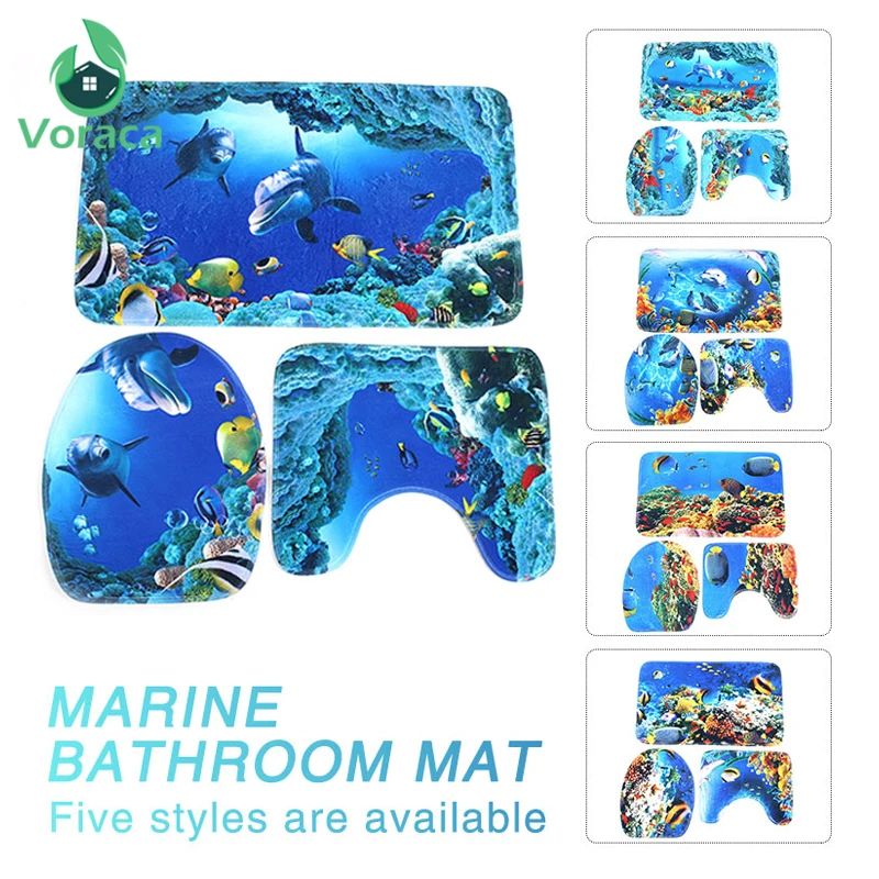 

3pcs/Set Dolphin Pattern 3D Sea Marine Non Slip Bath Mats Seat Covers Foot Pad Carpet Bathroom Toilet Mat Shower Floor Decor