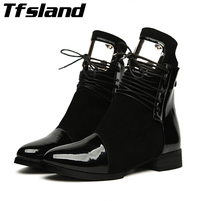 

Women Boots Genuine Leather Flat Martin Ankle Boots Womens Motorcycle Boots Walking Shoes Winter Patent Leather Sneakers Size 43