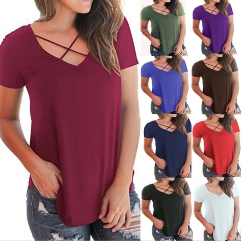 

2019 Women Summer T-Shirt Casual Loose Short Sleeve T Shirts Sexy Chest cross V-Neck Cotton Tee Shirt Long Tops