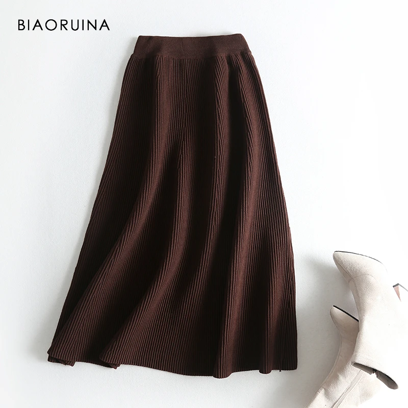BIAORUINA, 3 цвета, Женская Корейская стильная элегантная однотонная трикотажная трапециевидная юбка, Женская Повседневная универсальная юбка с высокой талией
