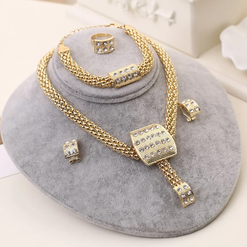 

Bridal African Jewelry Sets Fashion Gold Necklace Earrings Ring Zircon Bridesmaid Dubai Gold Jewelry Sets for Women