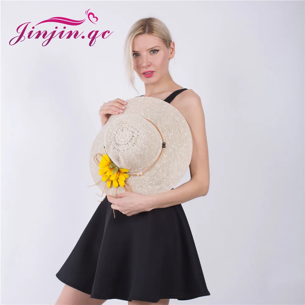 

Jinjin.QC 2019 New Fashion Cap with Chrysanthemum Big Brim Ladies Summer Straw Hat for Women Shade Sun Beach Hats and Caps