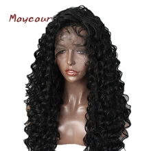 Maycaur черные волосы Синтетические Кружева передние парики с детскими волосами Длинные вьющиеся волосы парики
