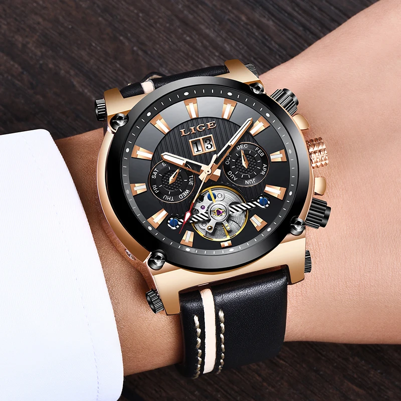

LIGE Luxury Skeleton Tourbillon Sport Mechanical Watch Men Automatic Rose Gold Leather Mechanical Wrist Watches Reloj Hombre+Box