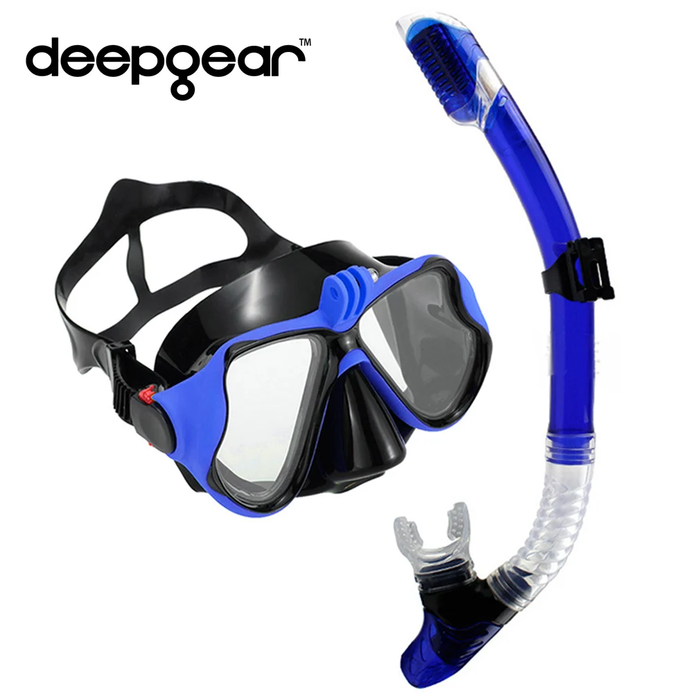 DEEPGEAR Tempered Glass Myopia snorkel set Adult scuba diving mask Gopro Camera mount Dry Snorkel Diving Set  Scuba Snorkel Gear