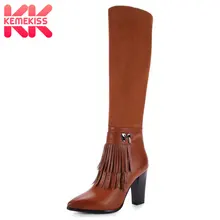 KemeKiss/женские сапоги до колена, размер 33-43 сапоги на высоком каблуке с бахромой теплая меховая обувь на молнии для холодной зимы, Botas, высокие сапоги женская обувь