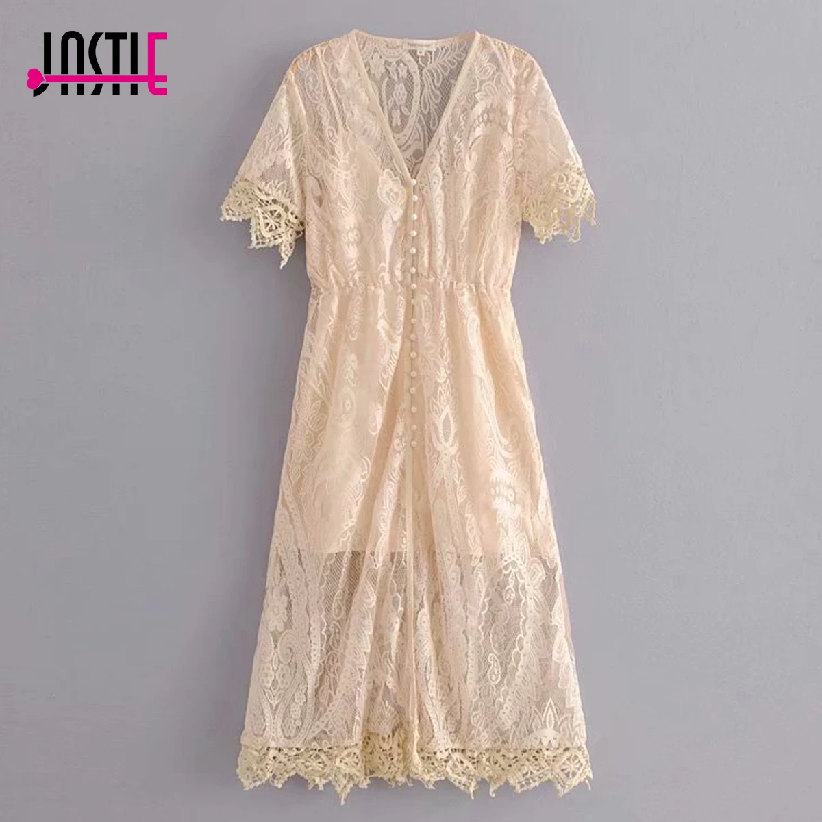 Jastie винтажное цветочное вязаное кружевное платье Boho Flowy Midi платья платье с v-образным вырезом на пуговицах с коротким рукавом женское платье платья с подкладкой - Цвет: Бежевый