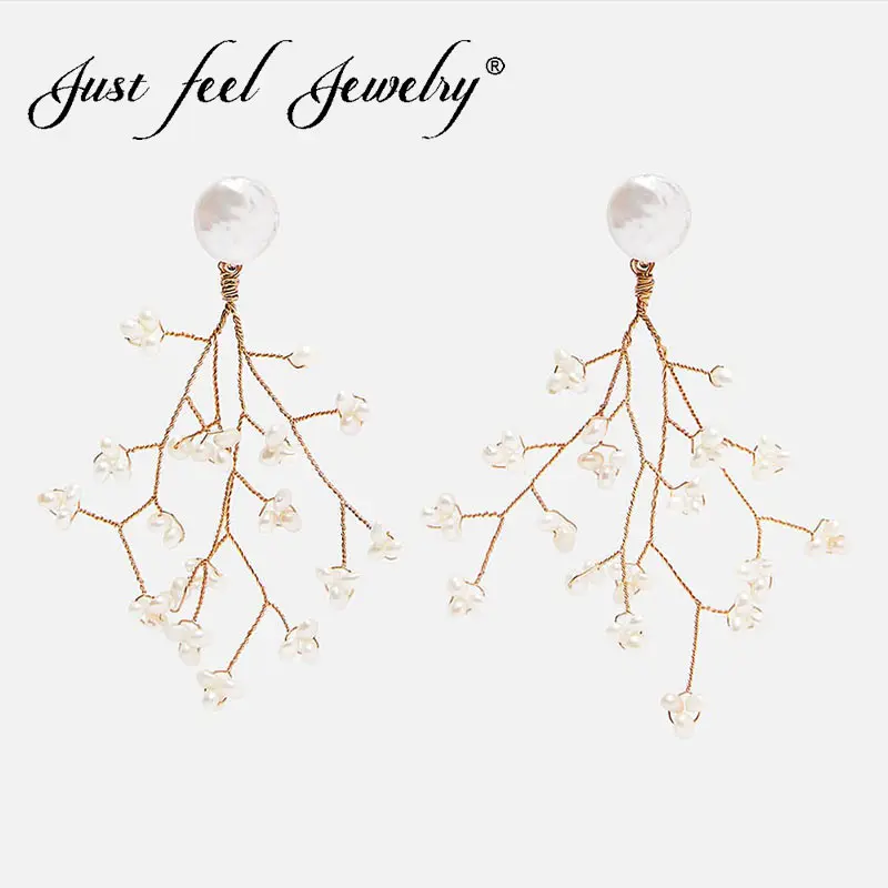 

JUST FEEL Boho Fashion ZA Simulated Pearl Tree Dangle Drop Earrings For Women Hanging Statement Metal Earrings Jewelry Wedding