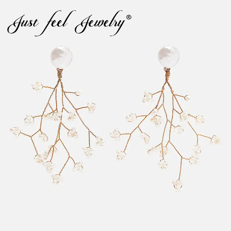 JUST FEEL Boho Fashion ZA Simulated Pearl Tree Dangle Drop Earrings For Women Hanging Statement Metal Earrings Jewelry Wedding