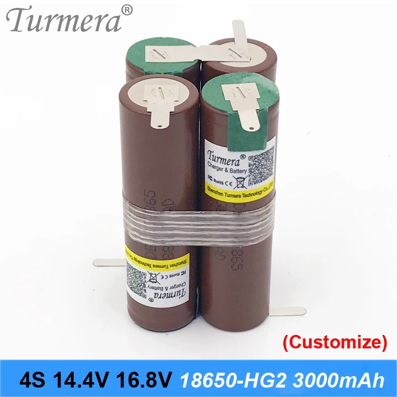 Turmera 4s battery 18650 battery pack 16.8v 14.4v 20a power 18650 for lg hg2 3000mah battery for screwdriver tool battery customized 3