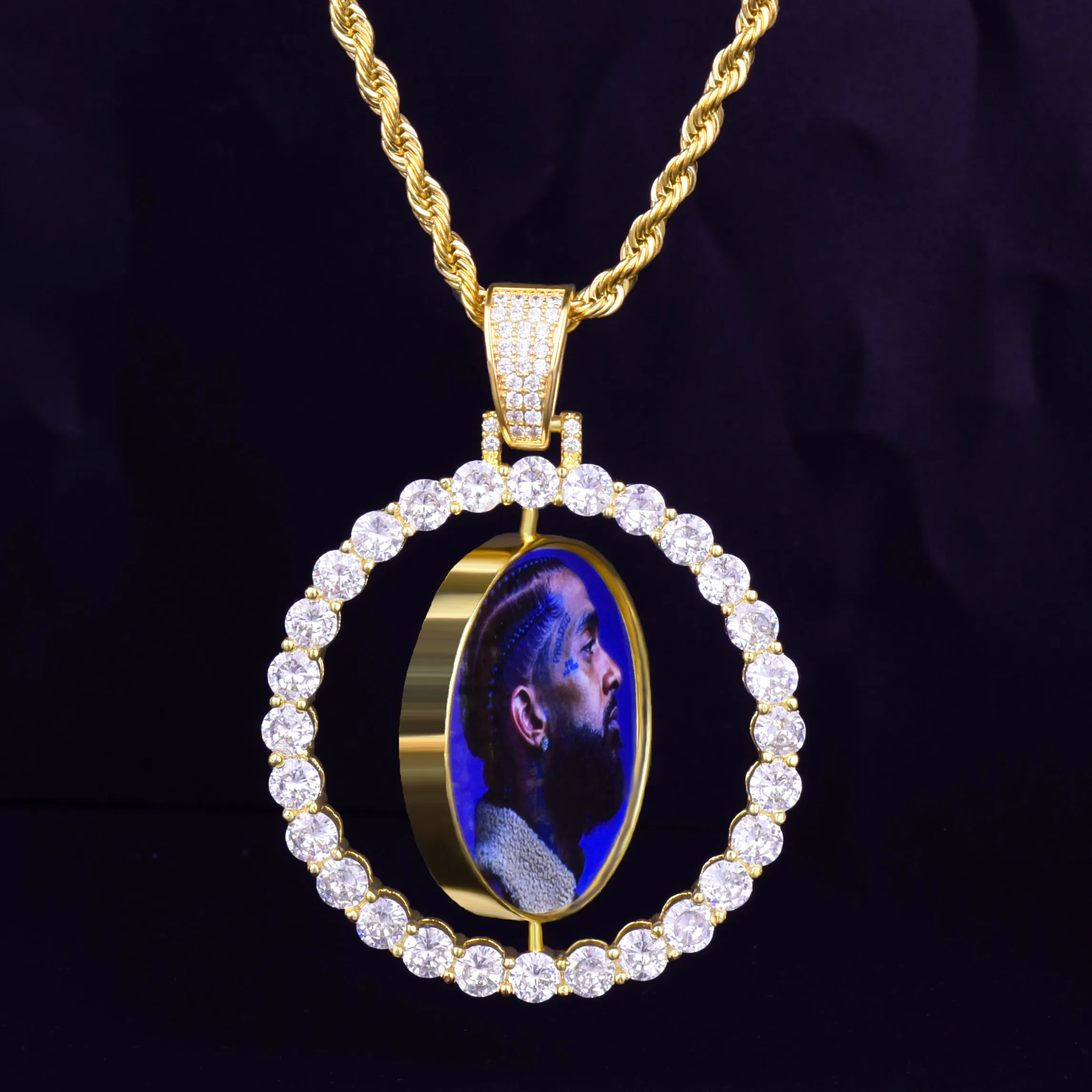 Сделанное на заказ фото вращающееся двухстороннее ожерелье с подвеской в виде медальонов 4 мм теннисная цепь Циркон мужские хип-хоп ювелирные изделия 2x1,65 дюйма
