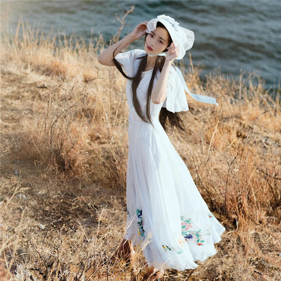 

LYNETTE'S CHINOISERIE Summer Original Design Women High Quality Embroidery Elegant Cape Sleeve High Waist Flowing Chiffon Dress