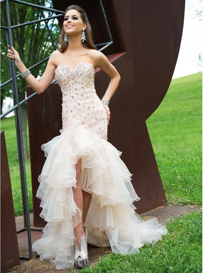 Beige Front Short And Long Back Asymmetrical Prom Dress Organza With