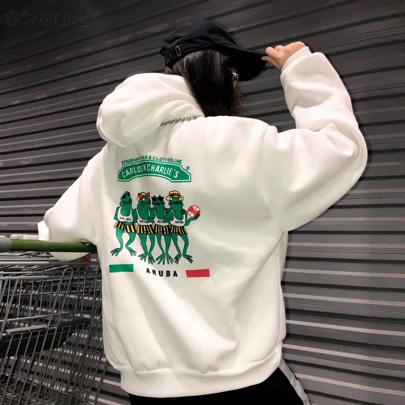  Hoodies Women Thicker Warm Funny Cartoon Print Trendy Pocket Korean Loose Simple All-match Ladies S