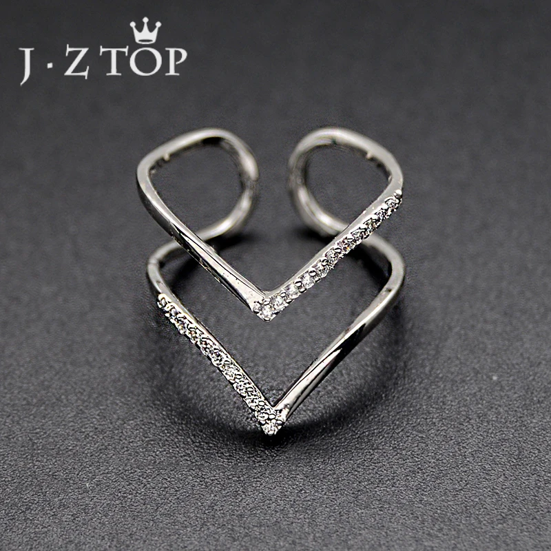 

JZTOP Simple V Shape Double Layer Zircon Finger Ring For Woman Silver Color Open Adjustable Rings Female Luxury Wedding Jewelry
