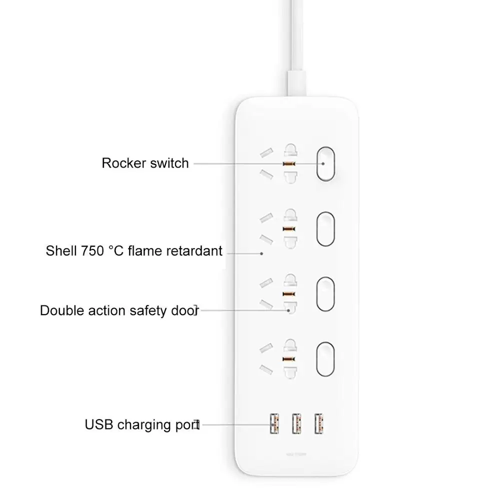 Xiaomi Mijia power Strip 4 розетки 4 отдельные переключатели управления 5 В/2.1A 3 USB порта удлинитель зарядное устройство 2 м кабель