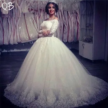 

Custom Made Ball Gown Long Sleeve Tulle Lace Beading Crystal Vintage Wedding Dresses Luxury 2019 Wedding Gowns DW153