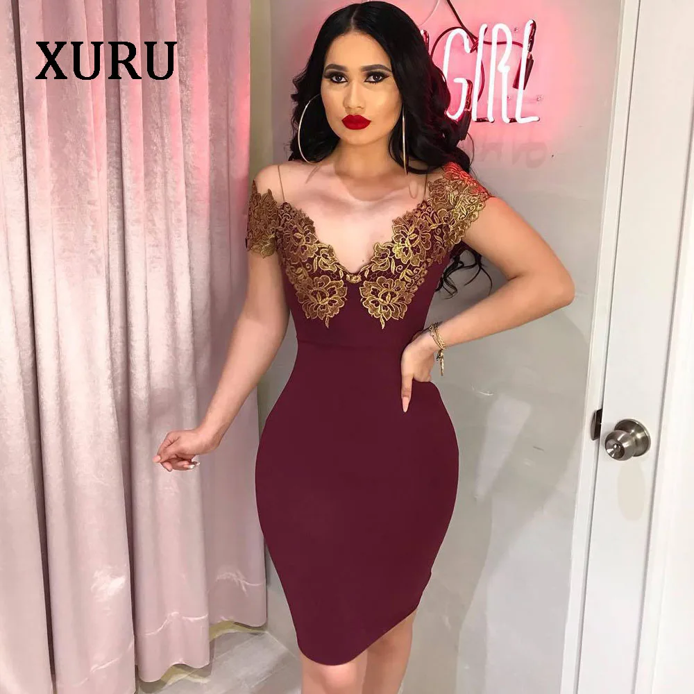 XURU, новинка, хит, женское платье, кружевное, горячее тиснение, платье для женщин, тонкий карандаш, сексуальное платье для вечеринки, красное, королевское, синее - Цвет: Бургундия