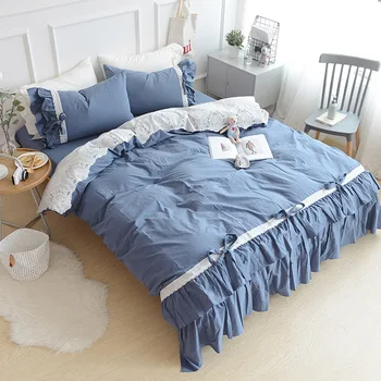 

100% Cotton White Pink Grey Korean Bedding sets King Queen Twin size For kids Girls Ruffles Duvet cover Bed sheet set 38