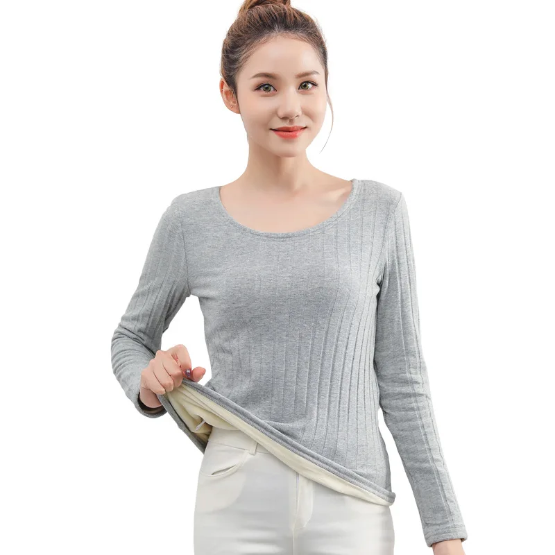 Простые женские зимние теплые бархатные футболки большого размера, термо Кашемировые топы высокого качества, женские футболки с круглым вырезом и длинными рукавами D298