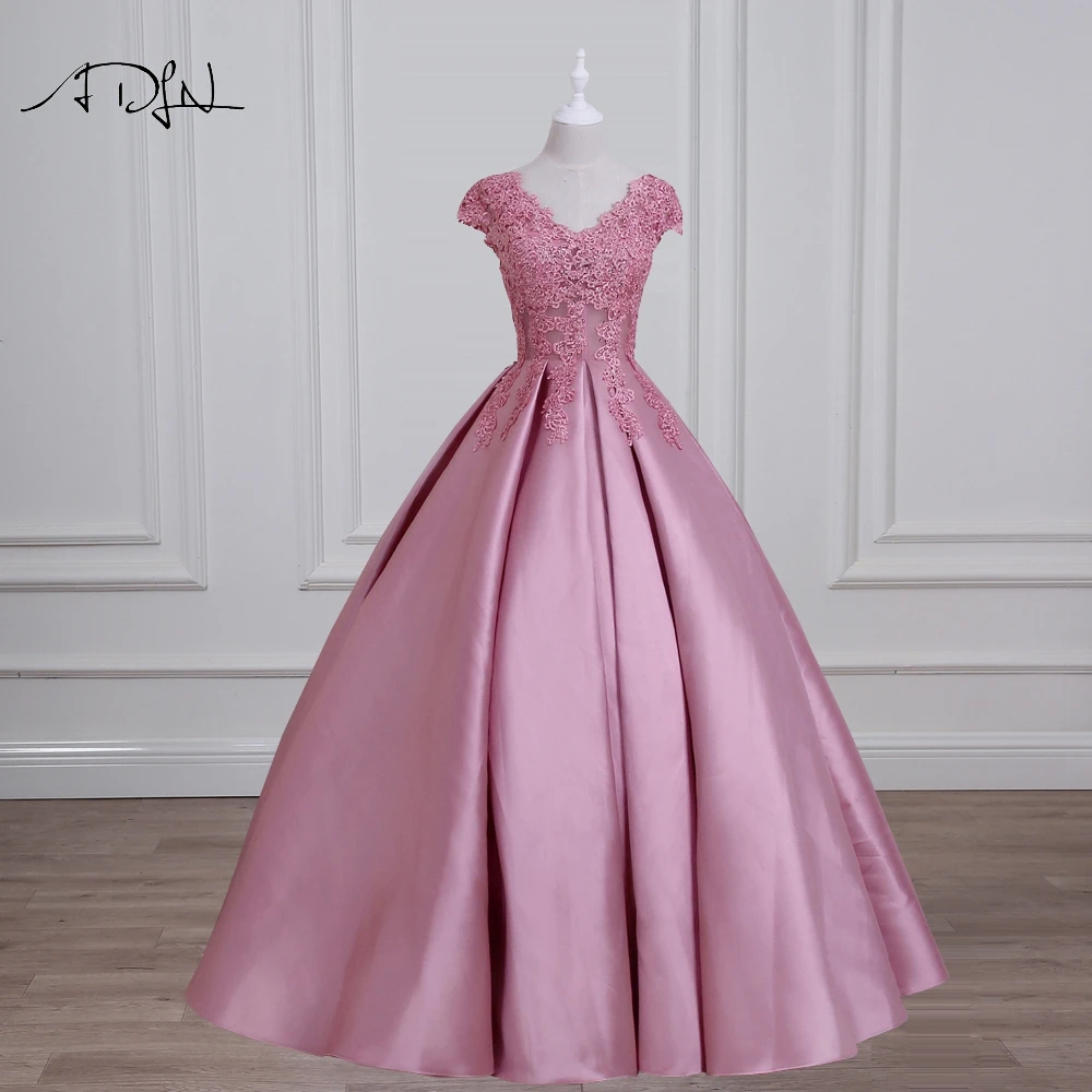 

ADLN V-neck Cap Sleeve Red Evening Dresses with Appliques Elegant Satin Long Prom Gown Formal Party Wear Robe de Soiree
