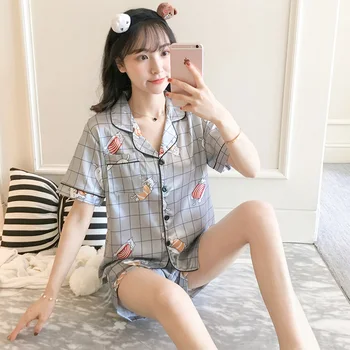 

Yidanna Women Cute Pajamas Set Silk Short Sleeved Sleep Clothing Summer Sleepwear Female Fashion Nightwear Lady Button Nighty