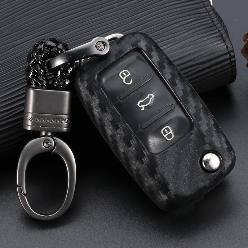 

Carbon Fiber Silica gel Auto Key Shell Case For Volkswagen Polo Tiguan VW Passat For Skoda Cover Car-Styling Accessories