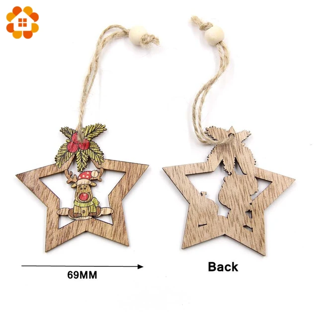 4PCS Christmas Star Wooden Pendants Ornaments Xmas Tree Ornament DIY Wood Crafts Kids Gift for Home Christmas Party Decorations 4