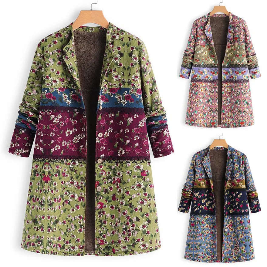 

Women Winter Warm Outwear Patchwork Button Vintage Floral Print Pocket Long Oversize Coat #1102 487-733g