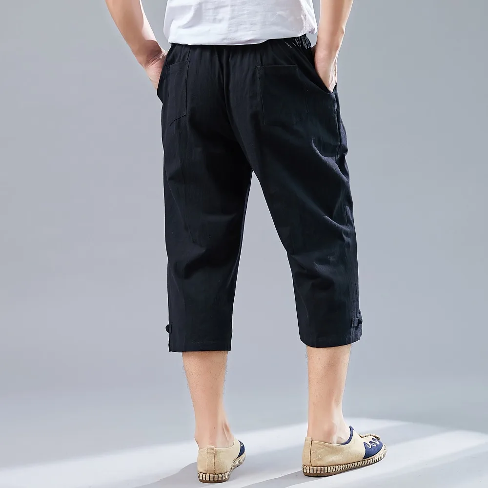 LZJN Men’s Summer 34 Pants Casual Cotton Linen Elastic Waistband Wide Leg Capri Short Bermuda Embroidery Beach Playa Hombre (19)