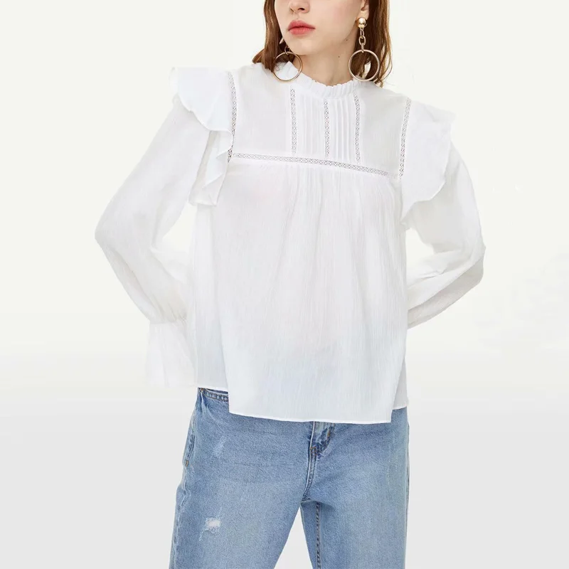 

Summer women's shirt casual solid color round neck trumpet sleeve ruffled decorative shirt